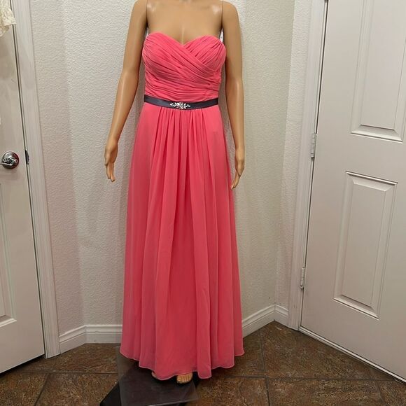 Bill Levkoff Orange Ruched Strapless Maxi Gown Sheer Gray Adorned Satin Tie Belt - Picture 1 of 14